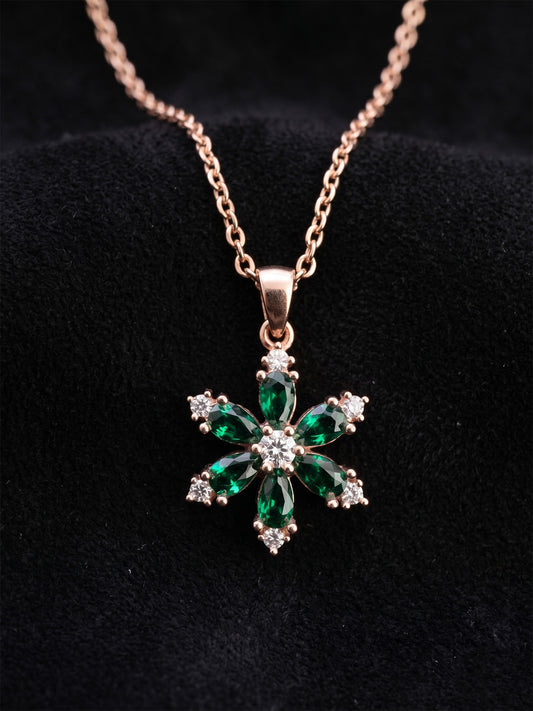 925 Ayar Zümrüt Taşlı Rose Lotus Çiçeği Gümüş Kolye