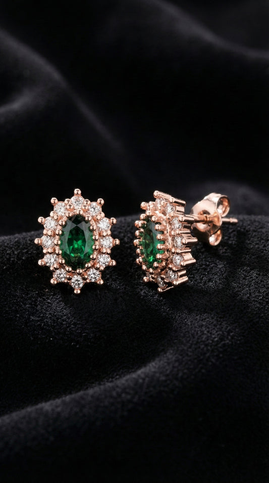 Zümrüt Taşlı Rose Oval Anturaj Minimal Çivili Gümüş Küpe