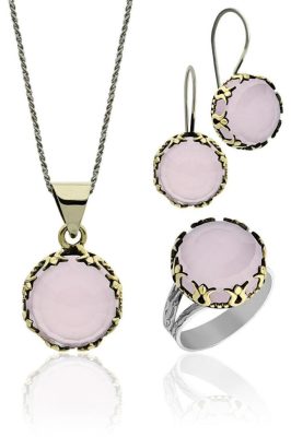 Pembe Kuvars Taşlı Lale Motifli Yuvarlak Otantik Gümüş Kadın Set