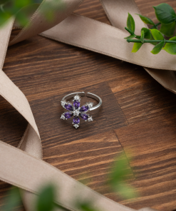 925 Ayar Ametist Taşlı Rodyum Lotus Çiçeği Ayarlanabilir Gümüş Yüzük