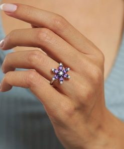 Alternative view of 925 Ayar Ametist Taşlı Rodyum Lotus Çiçeği Ayarlanabilir Gümüş Yüzük