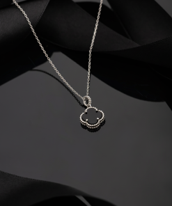 925 Ayar Oniks Taşlı Rodyum Van Cleef Yonca Gümüş Kolye