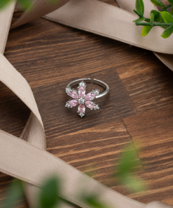 925 Ayar Pembe Taşlı Rodyum Lotus Çiçeği Ayarlanabilir Gümüş Yüzük