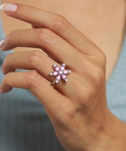 Alternative view of 925 Ayar Pembe Taşlı Rodyum Lotus Çiçeği Ayarlanabilir Gümüş Yüzük