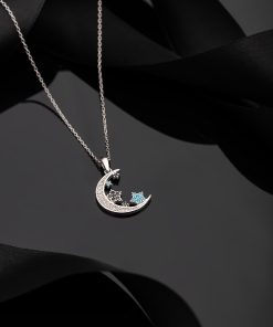 925 Ayar Turkuaz Taşlı Rodyum Ay Yıldız Gökyüzü Gümüş Kolye