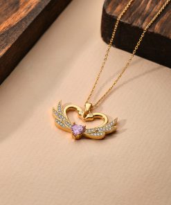 925 Ayar Zirkon Taşlı Gold Birleşen Kuğular Kalp Motifli Gümüş Aşk Kolyesi