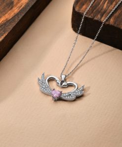 925 Ayar Zirkon Taşlı Rodyum Birleşen Kuğular Kalp Motifli Gümüş Aşk Kolyesi