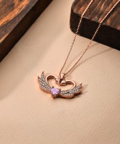 925 Ayar Zirkon Taşlı Rose Birleşen Kuğular Kalp Motifli Gümüş Aşk Kolyesi