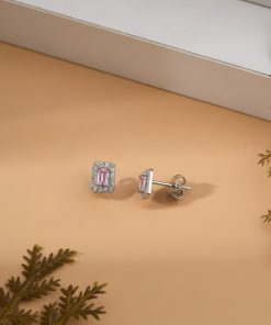 925 Ayar Rodyum Baget Kesim Pembe Taşlı Minimal Günlük Gümüş Küpe