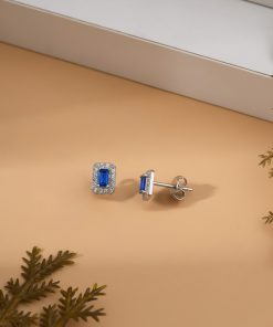 925 Ayar Rodyum Baget Kesim Safir Taşlı Minimal Günlük Gümüş Küpe