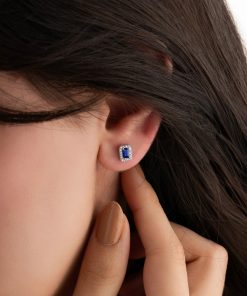 Alternative view of 925 Ayar Rodyum Baget Kesim Safir Taşlı Minimal Günlük Gümüş Küpe