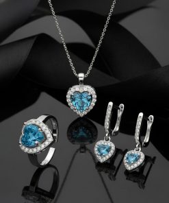 925 Ayar Akuamarin Taşlı Rodyum Pırlanta Işıltılı Kalp 3'lü Gümüş Set-Takım *Ayarlanabilir