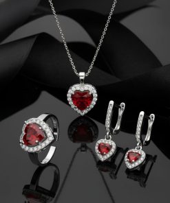 925 Ayar Lal Taşlı Rodyum Pırlanta Işıltılı Kalp 3'lü Gümüş Set-Takım *Ayarlanabilir