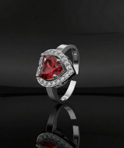 925 Ayar Lal Taşlı Rodyum Pırlanta Işıltılı Kalp Ayarlanabilir Gümüş Yüzük