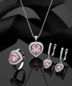 925 Ayar Pembe Taşlı Rodyum Pırlanta Işıltılı Kalp 3'lü Gümüş Set-Takım *Ayarlanabilir