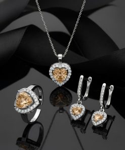 925 Ayar Sitrin Taşlı Rodyum Pırlanta Işıltılı Kalp 3'lü Gümüş Set-Takım *Ayarlanabilir