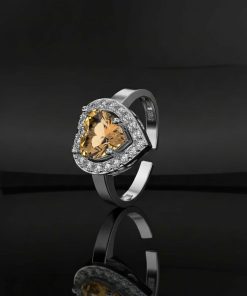 925 Ayar Sitrin Taşlı Rodyum Pırlanta Işıltılı Kalp Ayarlanabilir Gümüş Yüzük