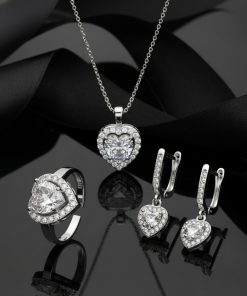 925 Ayar Zirkon Taşlı Rodyum Pırlanta Işıltılı Kalp 3'lü Gümüş Set-Takım *Ayarlanabilir